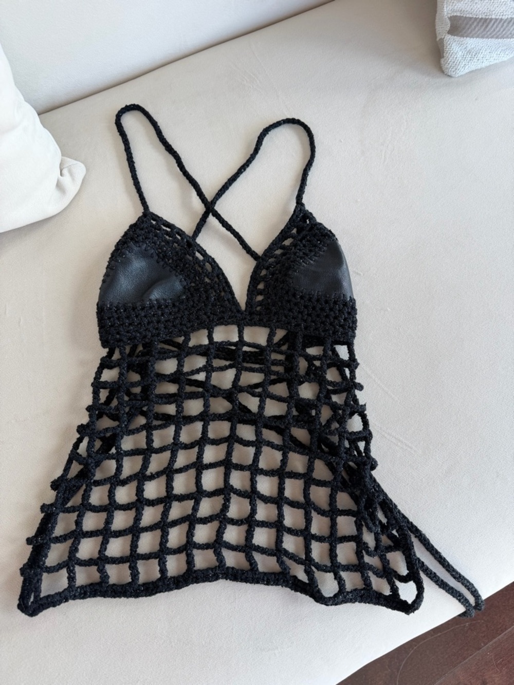 Black Crochet Net Tank Top with Strappy Back
